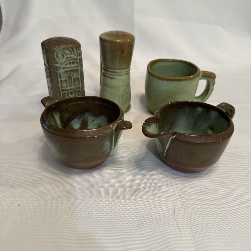 Vintage Frankoma Pottery Prairie Green Set of 5 Shaker Creamer Sugar‎  Mug